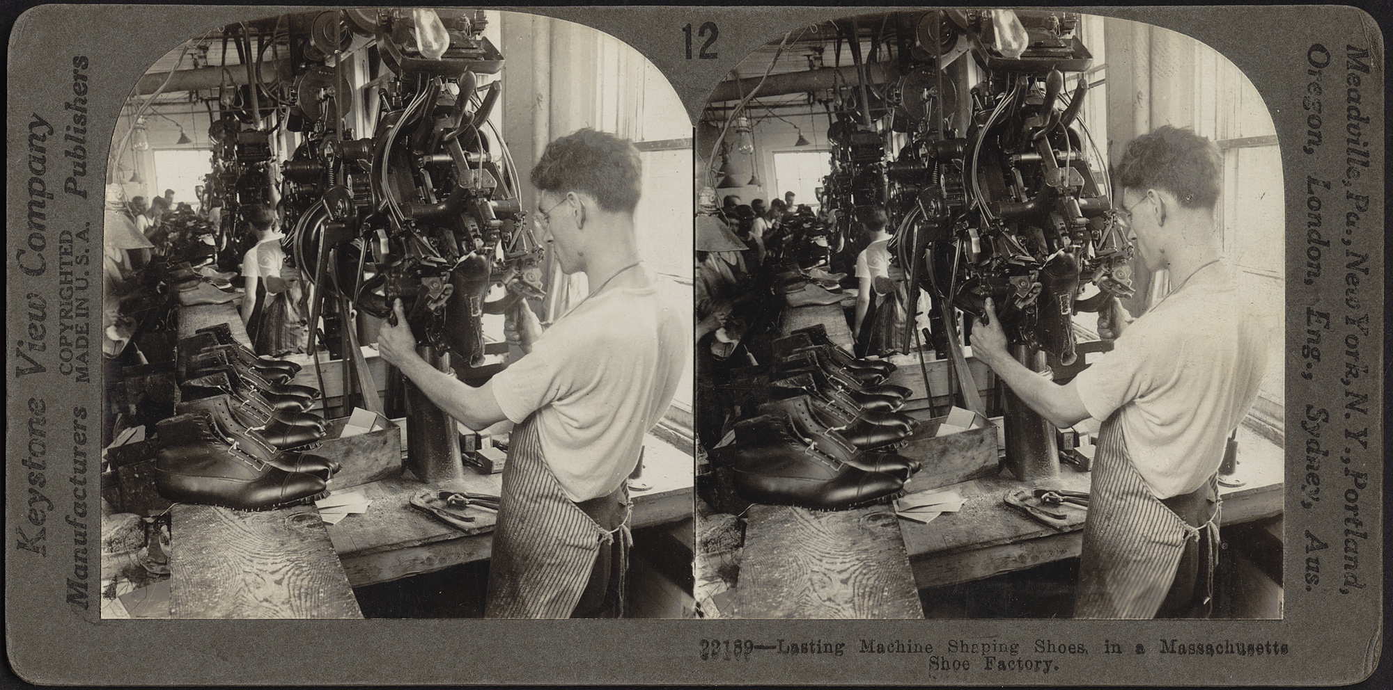 Jan Matzeliger's lasting machine in the process of shaping shoes at a Massachusetts shoe factory. Photo Courtesy of Boston Public Library