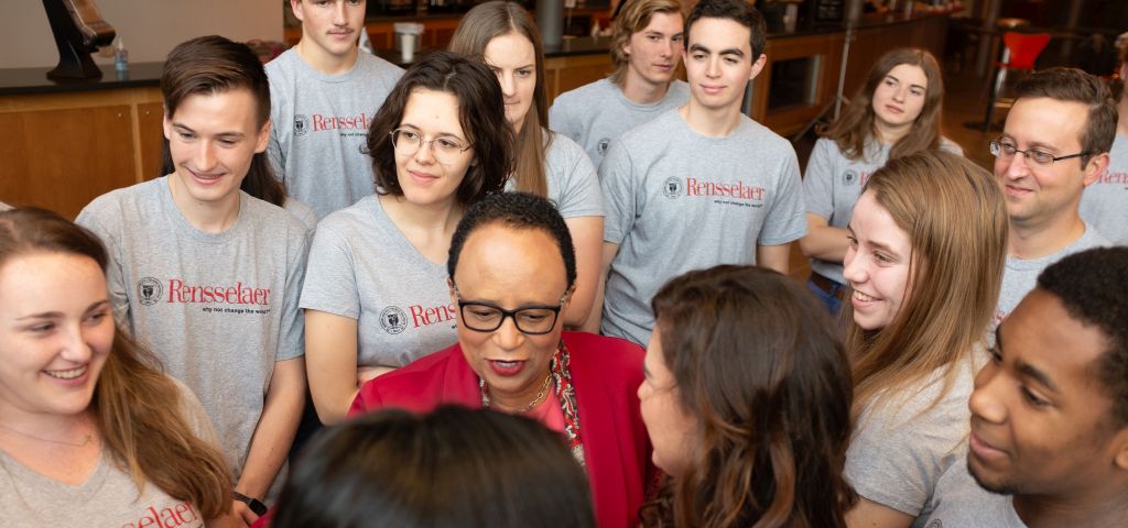Dr. Jackson encourages a group of students at Rensselaer Polytechnic Institute.
