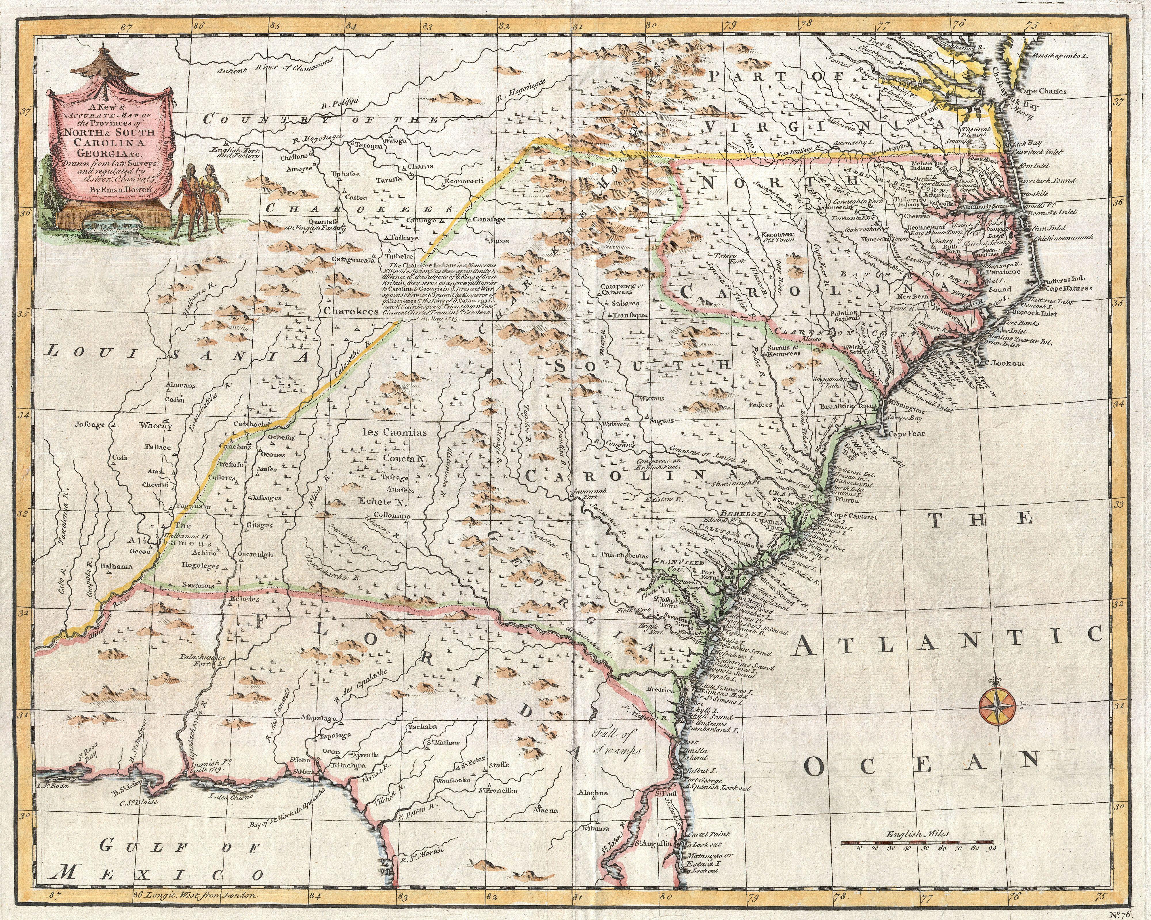 Emanuel Bowen's 1747 map showing the boundary between Virginia and North Carolina.