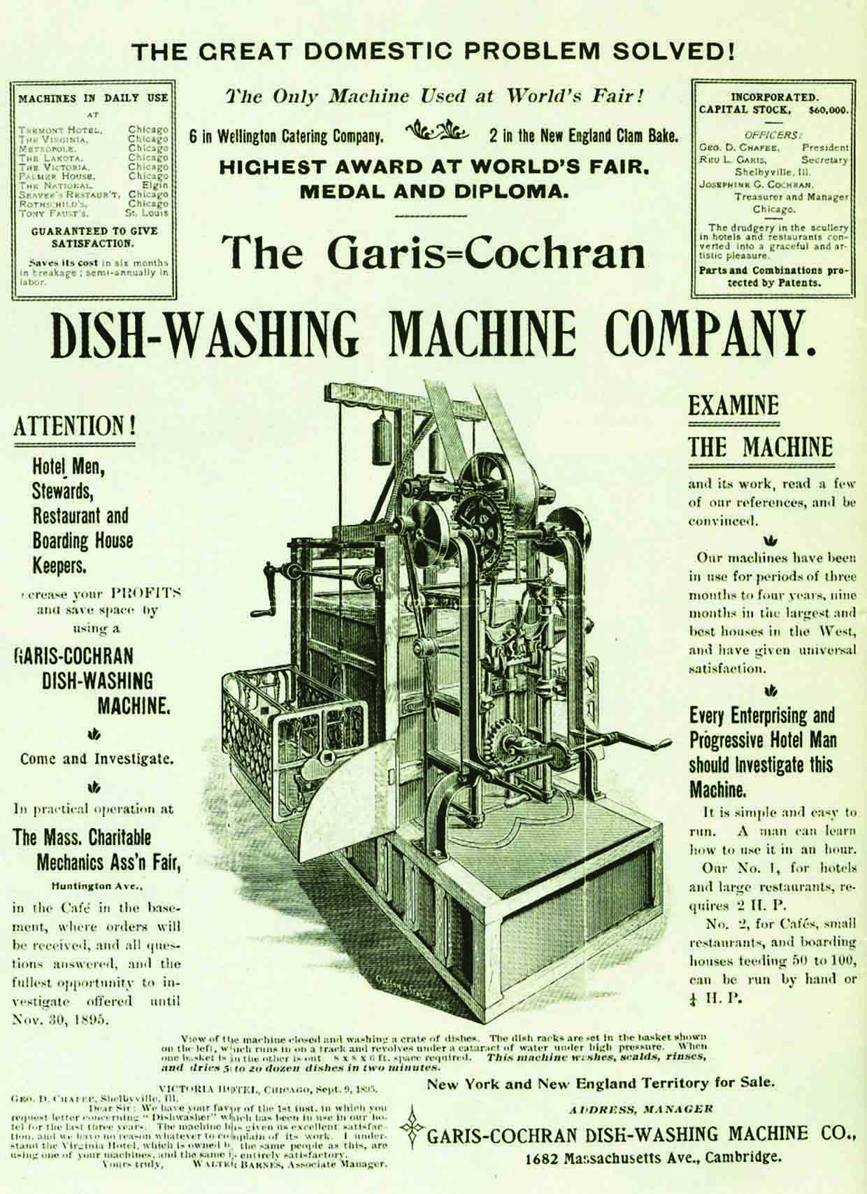 Newspaper ad for Garis-Cochran Dishwashing Machine