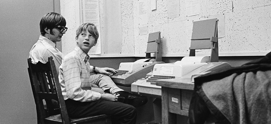 Microsoft co-founders Bill Gates (right) and Paul Allen (left) first met as teenagers in the late 1960s at Lakeside School in Seattle, Washington. Courtesy of the Bruce Burgess Archive