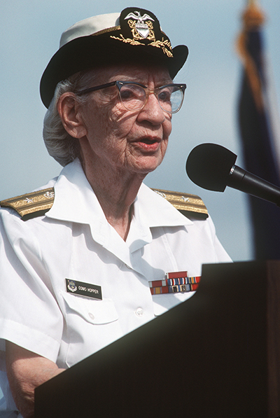 Grace Hopper delivers a speech during the groundbreaking ceremony for the Grace M. Hopper Navy Regional Data Automation Center in San Diego Sept. 27, 1985. Courtesy of Michael Flynn