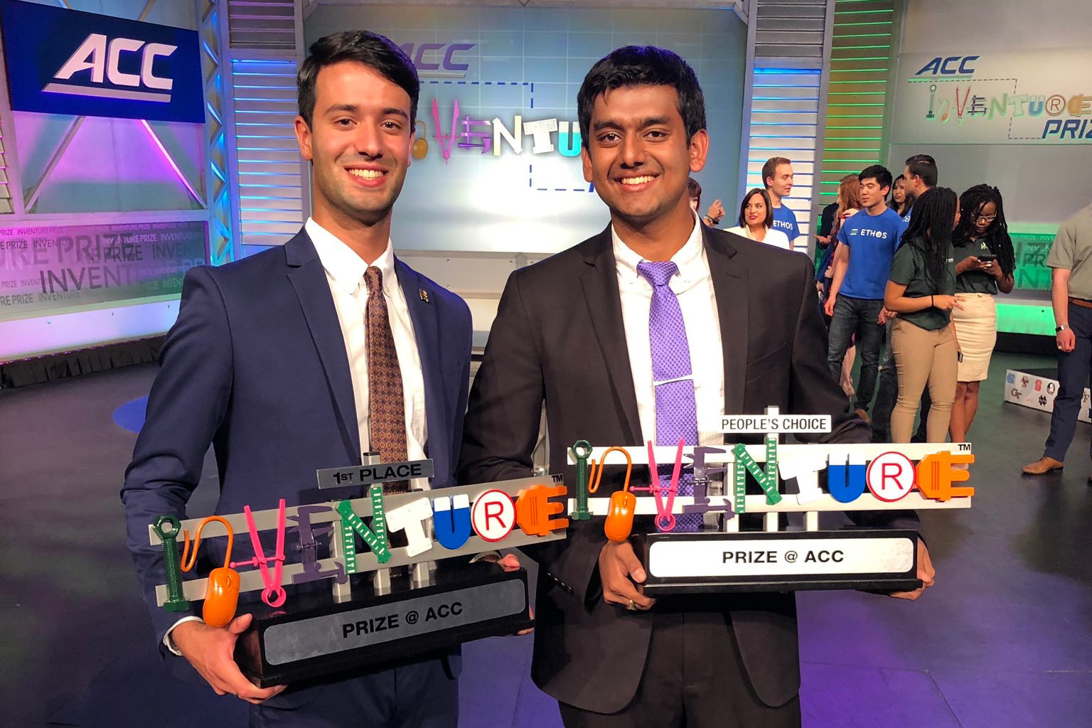 Three years in a row, students from  the UVA Engineering School have won the Atlantic Coast Conference’s top prize for undergraduate entrepreneurs.  including ring students Alexander Singh and Rohit Rustagi in 2019.  UVA Engineering.