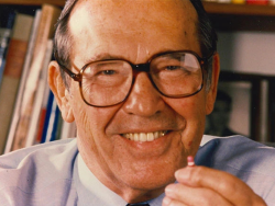 Rieveschl holding a Benadryl capsule, the medication that has provided allergy relief to millions worldwide. From the George Rieveschl, Jr. Papers of The Lloyd Library & Museum