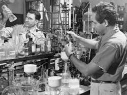 Mark A. Stahmann (left) and Karl Paul Link discovered dicumarol, a powerful anticoagulant. They are shown in 1940 in a UW-Madison biochemistry laboratory. Courtesy of The University of Wisconsin Collection